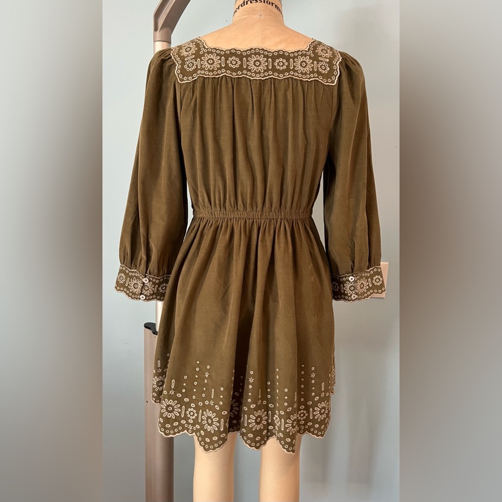 NWT Madewell Embroidered Corduroy Square-Neck Mini Dress - Green - Medium Petite - Picture 10 of 11